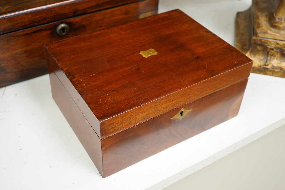 A Victorian brass inlaid mahogany jewellery box and one other writing slope, lacking interior, 40cm wide